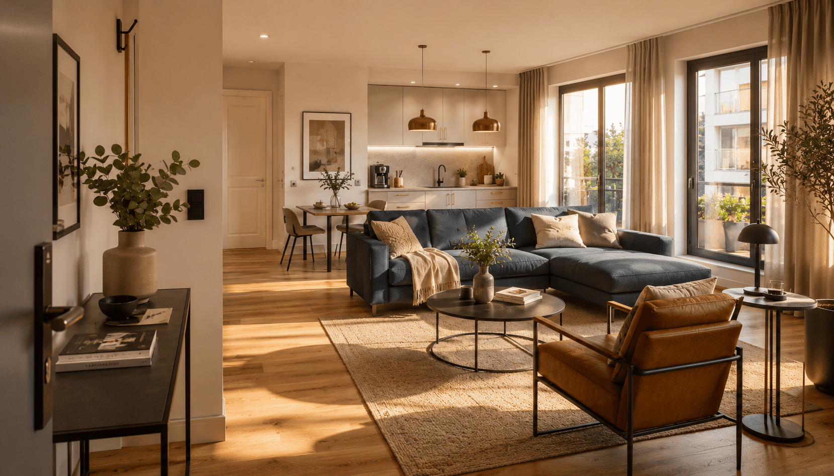 gooodstay Serviced Apartment — Eingangs- und Wohnbereich mit warmem Tageslicht